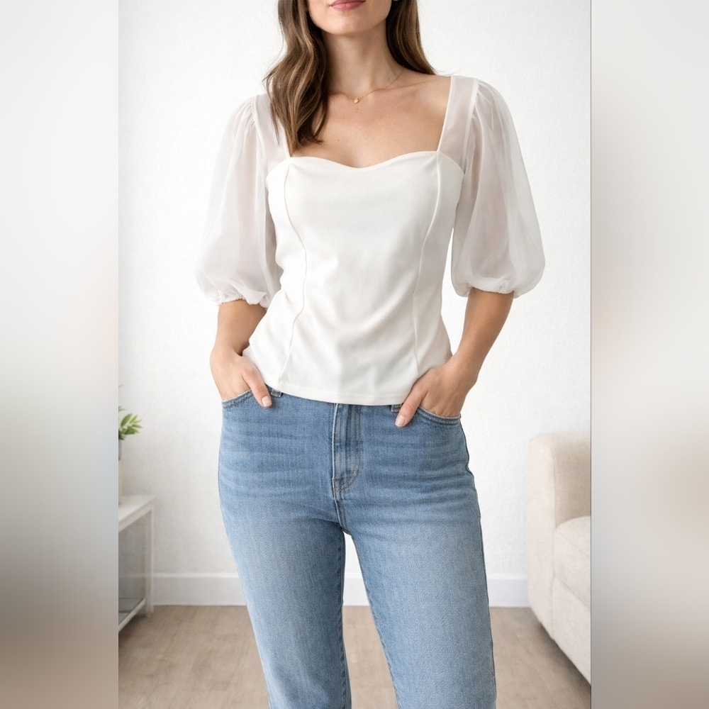 Peppy Anthropologie white blouse shear statement puff sleeves Milkmaid XL